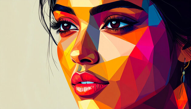 Abstract low poly female face expressing a thoughtful emotion.