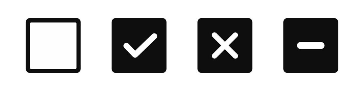 Checkbox icon set with checked, unchecked, cancel and intermediate states. Selection control symbols for form UI, task list, settings options and app interface design