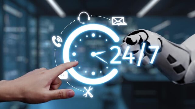 A human hand connects with a robotic arm showcasing a 24-hour clock, symbolizing the blend of advanced technology and human interaction in today digital age. Auvana