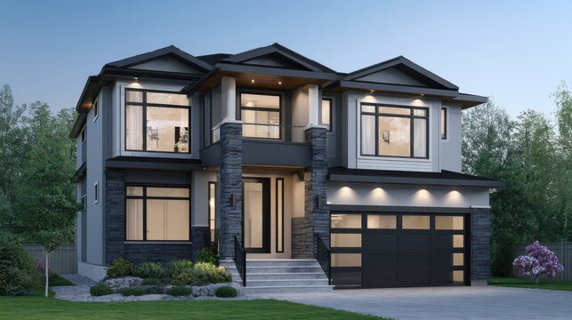 modern, two-story luxury home with dark gray accents