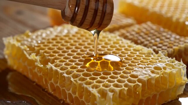 Honey dripping from wooden dipper onto honeycomb, showcasing the rich texture and golden color of the honey in a rustic wooden setting