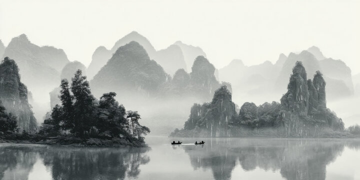 Tranquil misty mountains and river landscape in traditional chinese ink wash painting style