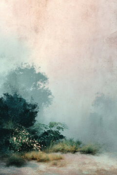 A soft, impressionistic watercolor painting of a dreamy landscape featuring trees shrouded in fog, delicate light effects, and a textured, ethereal atmosphere.
