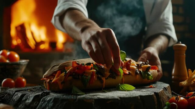 Chef adds fresh basil to a savory bread. Fire burns softly in background hearth. Tomatoes rest beside rustic wooden board. Hands show care in final seasoning. Steam rises gently from warm bread