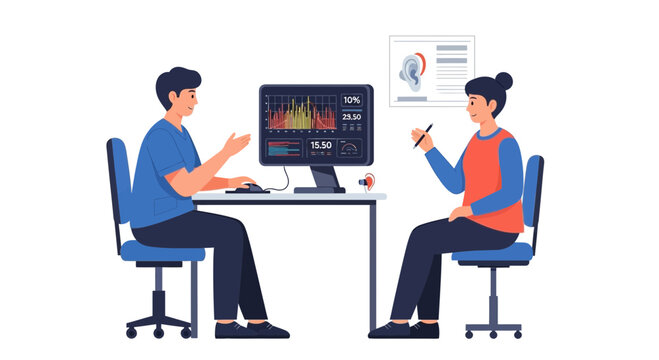 Audiologist examining patient's hearing with audiogram on computer screen