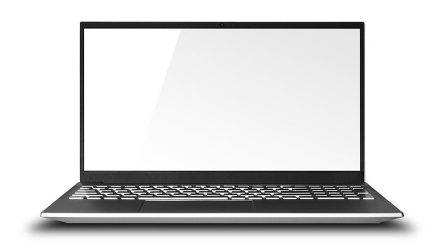 Modern black laptop with blank screen isolated on transparent background. Front view of sleek portable computer with keyboard and display, ideal for technology, office, and mockup concepts. PNG
