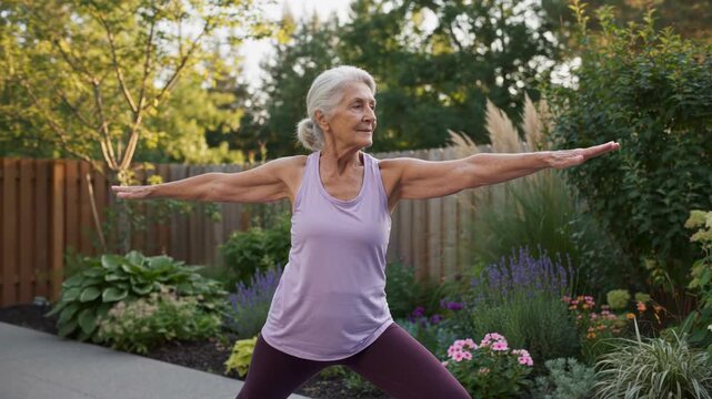 Senior woman practicing yoga in a garden, performing warrior pose with arms extended, surrounded by vibrant flowers and greenery in a serene outdoor setting