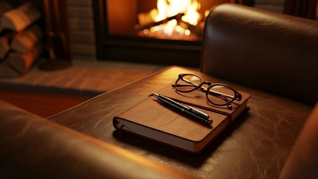 Brown leather armchair with notebook glasses and pen on table beside warm fireplace interior scene cinematic photography