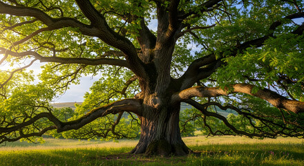 Fototapeta premium Old oak tree stands in sunlit grassy field, its expansive branches adorned with lush green leaves. Image conveys strength, longevity, and natural beauty of environment.