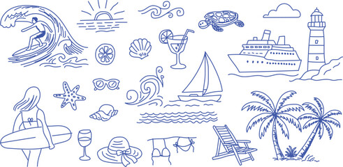 Doodle beach and surf hand drawn vector set. Tropical coastal elements. perfect for summer designs, t-shirts, posters, and placard prints. © The Icon Hub
