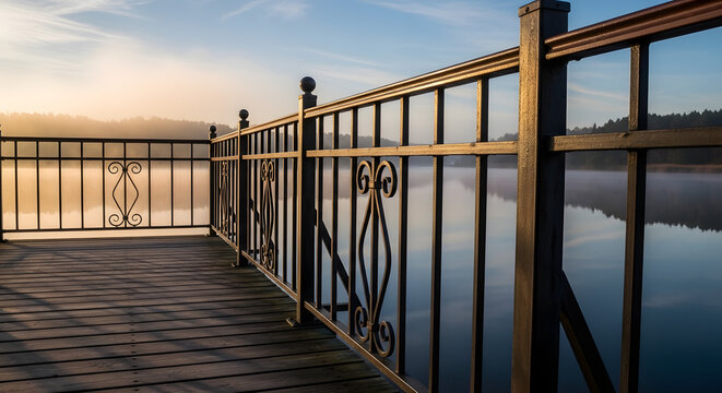 Wooden deck with decorative metal railing overlooks calm lake at sunrise, creating tranquil morning scene. Concept of peace, nature, and serene beginnings.