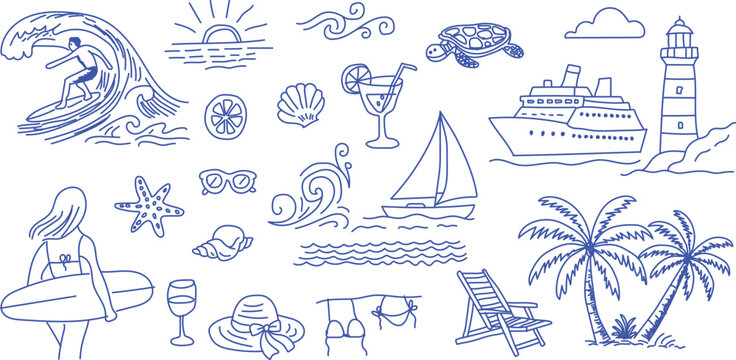 Doodle beach and surf hand drawn vector set. Tropical coastal elements. perfect for summer designs, t-shirts, posters, and placard prints.