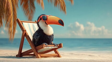 Naklejka premium Toucan wearing sunglasses relaxing on beach chair