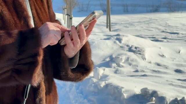 Woman texting on smartphone in snow luxury mink coat closeup of hands with manicure sunlight glinting on icy landscape urban.