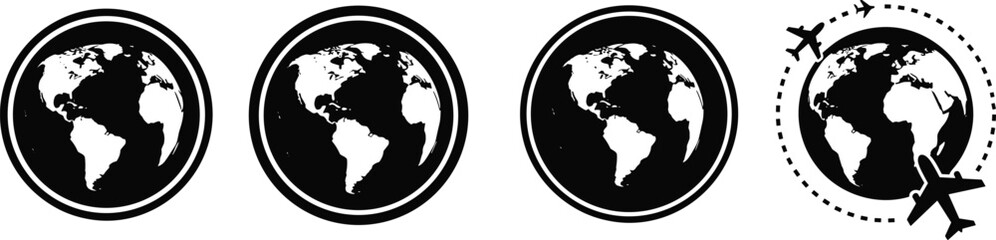 Obraz premium World Globe And Airplane Travel Icon Vector Set Featuring Earth Maps And Flight Path Symbols For Global Logistics International Tourism Navigation And Aviation Graphic Designs