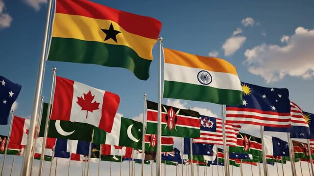 International flags waving against blue sky: global unity, diplomacy, and multicultural business concept