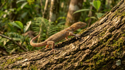 Obraz premium Brown gecko climbing mossy tree trunk in lush rainforest. Tropical reptile in natural habitat. Wildlife biodiversity and ecosystem conservation concept
