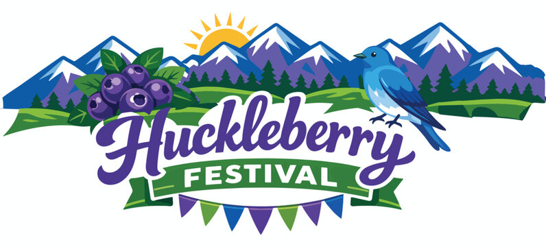 Huckleberry Festival banner artwork with colorful berry clusters, sunshine and mountain scenery, joyful typography and ribbon frame; travel tourism logo concept HD stockgraphics
