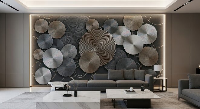Modern living room interior design with geometric wall art and furniture
