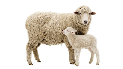 Fototapeta premium Fluffy sheep mother and baby lamb standing together, isolated on transparent background