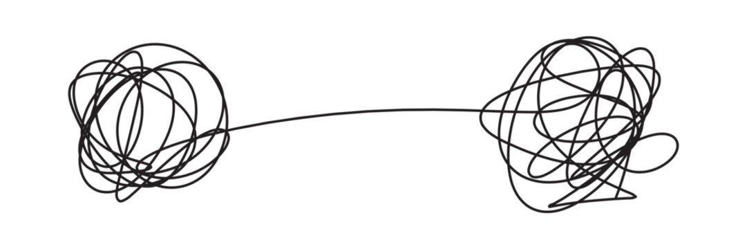 Chaotic tangled line transforms into circle knot illustration. Abstract concept showing problem-solving path from mess to order in vector graphic format in eps 10.