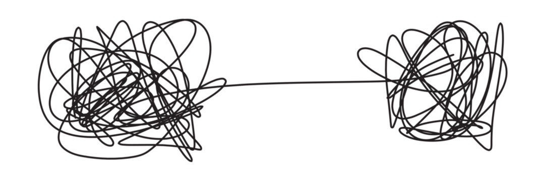 Chaos to harmony brain illustration with tangled thoughts transforming into heart centered calm mind, emotional balance concept, mental health healing, stress relief and self awareness in eps 10.