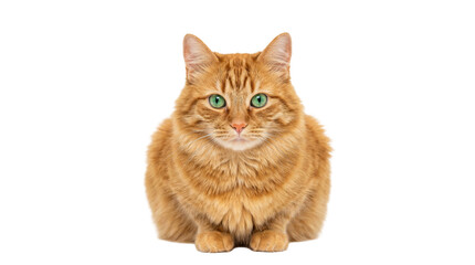 Fluffy orange tabby cat with green eyes sitting calmly, isolated on transparent background © Giulia