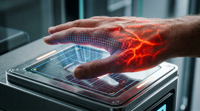Mans hand interacting with futuristic digital scanner. Glowing biometric interface with red and blue grid lines. Advanced technology for security access and human computer interaction.
