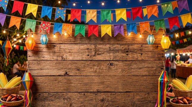 A vibrant wooden panel decorated for a festa junina with space for text