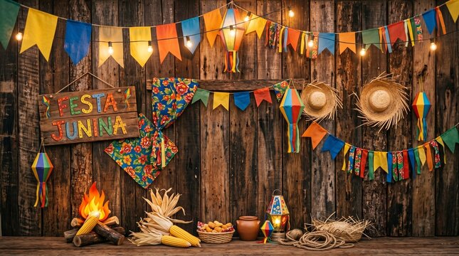 A vibrant Festa Junina celebration setup with colorful decorations and traditional elements
