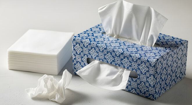 Blue floral tissue box with white tissues and stack of tissues on white background .Generated AI