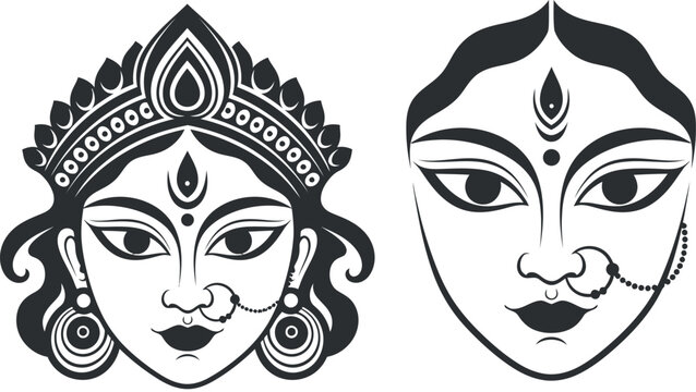 This image features two stylized illustrations of female faces, likely representing traditional Indian characters. The faces are depicted in black and white, with intricate designs and ornaments. The 
