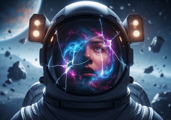 Naklejka premium Astronaut with galaxy reflection in helmet against cosmic background 