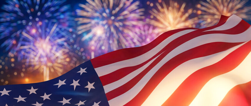 Fireworks burst in the night sky while an American flag waves. The scene takes place during a summer celebration. The atmosphere is joyful and festive as people enjoy the display