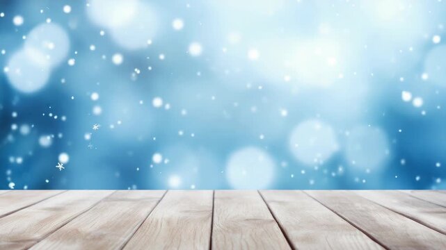 A beautiful winter scene with white snowflakes falling against a blue background onto a wooden floor, creating a cozy atmosphere. Perfect for holiday advertisements or seasonal backgrounds.