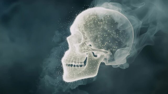 霧粒子の骸骨が崩れて消える電子タバコ蒸気、見えない被害を示す抽象警告背景
