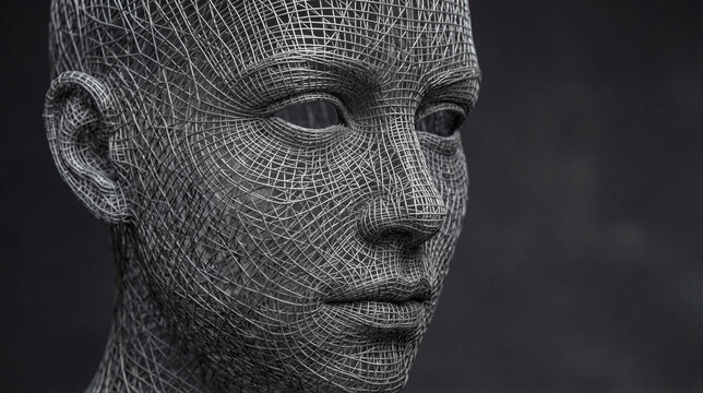 Wireframe portrait of womans face in metallic mesh. Abstract sculpture of human head features. Digital 3d modeling and futuristic art concept for technology visualization.