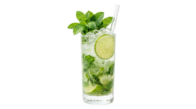 Tall glass of mojito cocktail with mint leaves lime slices and ice, isolated on transparent background