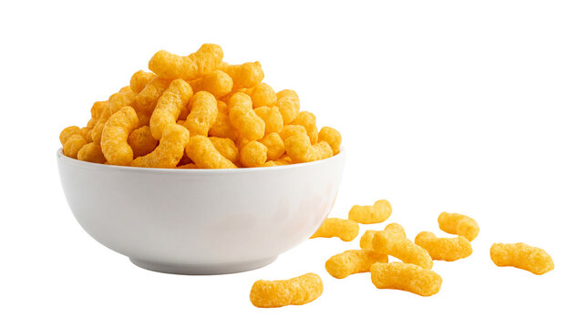 Crunchy cheese puffs piled in a white bowl, scattered around isolated on transparent background