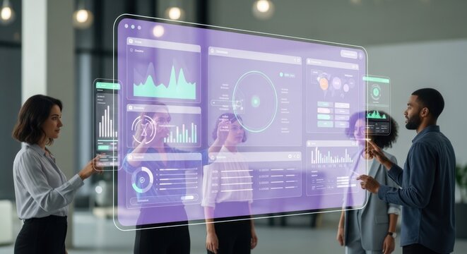 Team members interacting with digital holographic interface in modern office