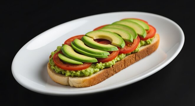 Fresh avocado toast with sliced tomato on a white plate against a black background