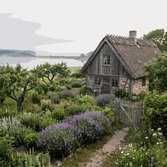 Fototapeta premium Rustic country house in a flowering garden landscape vector