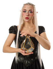 Fototapeta premium Beautiful elf girl with decor on white background