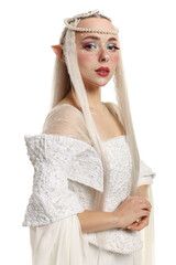 Naklejka premium Beautiful girl dressed as elf on white background