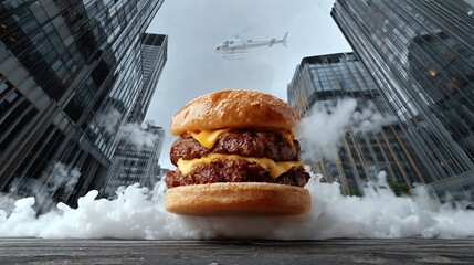 Gourmet cheeseburger with two beef patties and melted cheese, set against a backdrop of modern skyscrapers and a helicopter in the sky