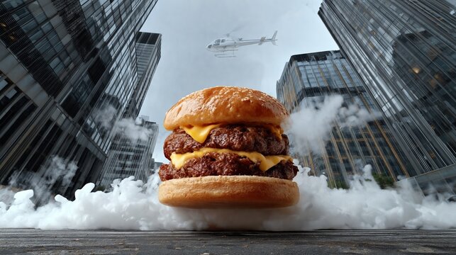 Gourmet cheeseburger with two beef patties and melted cheese, set against a backdrop of modern skyscrapers and a helicopter in the sky