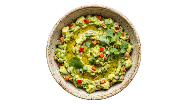 Fresh chunky guacamole with red pepper and cilantro, isolated on transparent background