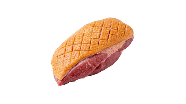 Raw duck breast with crisscross scored skin, isolated on transparent background