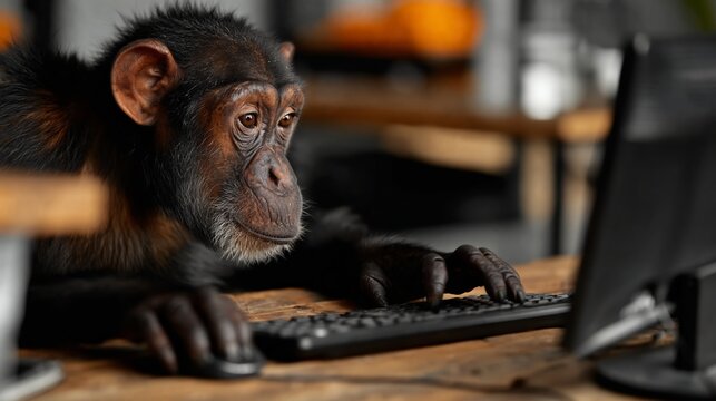 Chimpanzee sitting at a wooden desk typing on a computer keyboard, focused on the screen with a blurred background of an indoor setting
