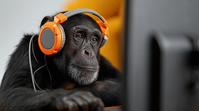 Chimpanzee wearing orange headphones sits in front of a computer monitor, focused on the screen in a modern indoor setting with soft furnishings